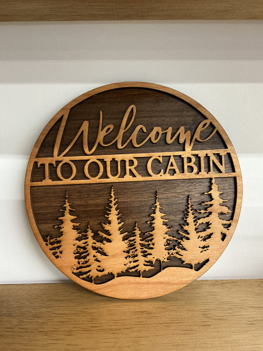 Welcome to Our Cabin Sign – Layered Wood Rustic Cabin Decor | Handmade Wood Cabin Wall Sign | Vacation Home &amp; Lodge Entryway Decor
