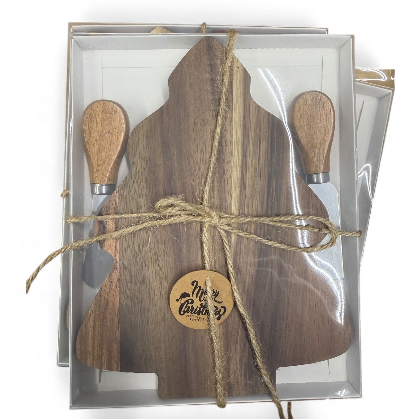 Christmas Tree Acacia Board with Cheese Knives Set