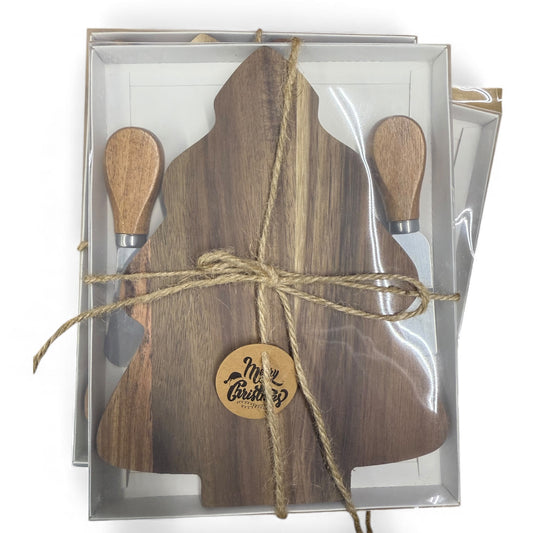 Christmas Tree Acacia Board with Cheese Knives Set